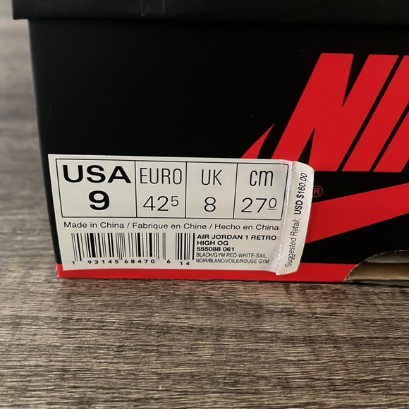 Air Jordan Retro 1 High OG Gym Red - Size M 9 - NWT - Picture 8 of 12